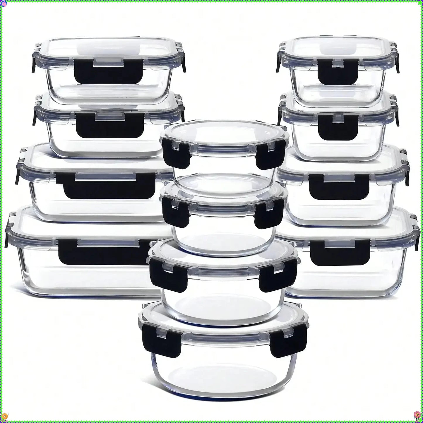 12-piece set of glass food storage containers with lids, airtight leak-proof glass lunch boxes, various sizes and shapes