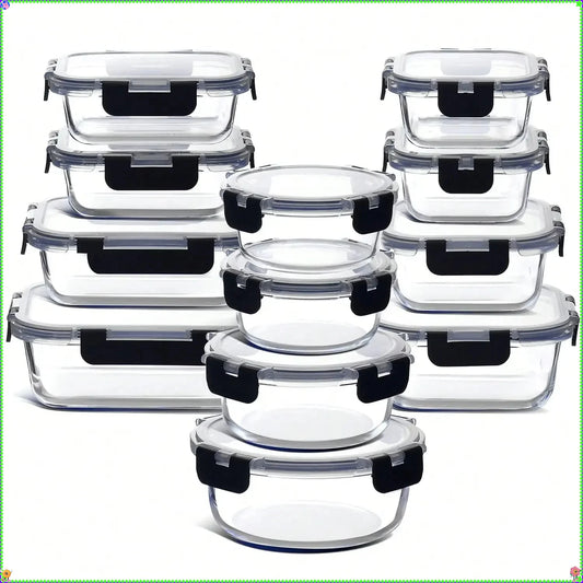 12-piece set of glass food storage containers with lids, airtight leak-proof glass lunch boxes, various sizes and shapes