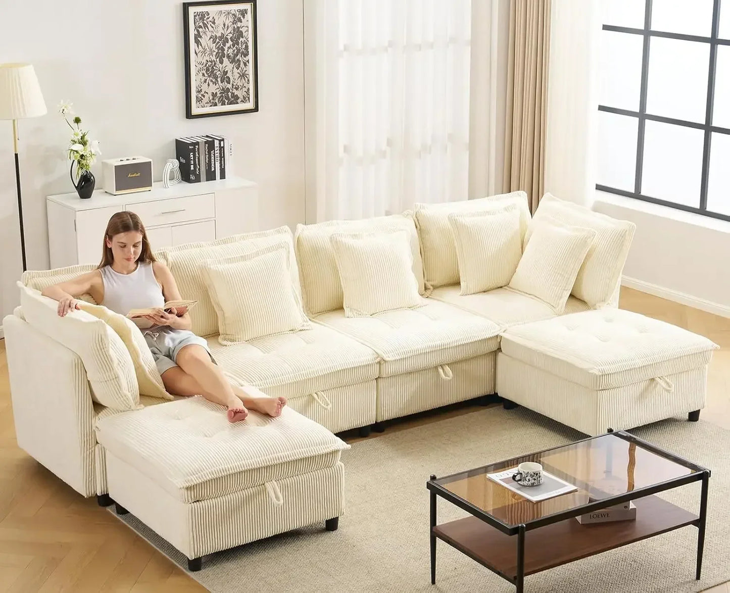 Modern Modular Sectional Cloud Sofa with 2 Ottoman with Customized Storage - Color Options
