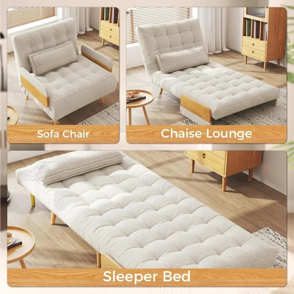 Linen 3-in-1 Convertible Chair Sleeper for Adults Foldable Single Futon with Wooden Arms And Pillows - Comfortabl，Customized