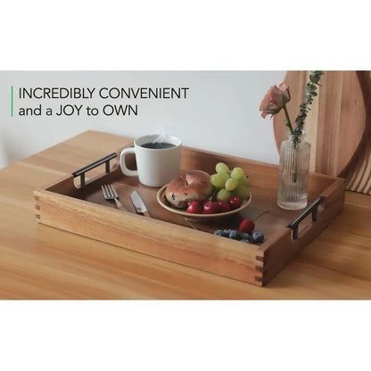 Acacia Wooden Serving Tray with Metal Handles