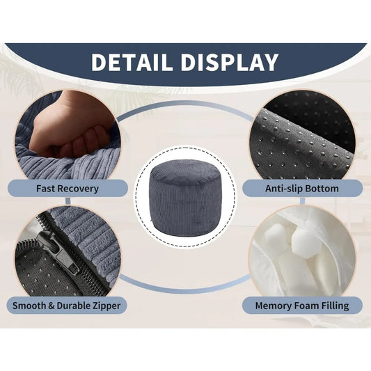 Soft Corduroy 20x15 Inch Round Pouf Ottoman - Dark Grey