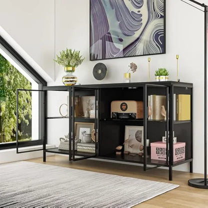 Modern Display Cabinet with Glass Shelves, 4 Compartments