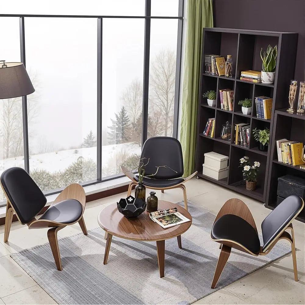 Modern Tripod Plywood Lounge Chair, Faux Leather, Elegant Walnut Accent for Living Spaces and Offices