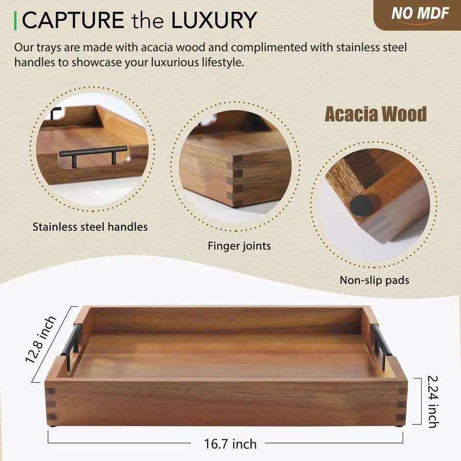 Acacia Wooden Serving Tray with Metal Handles