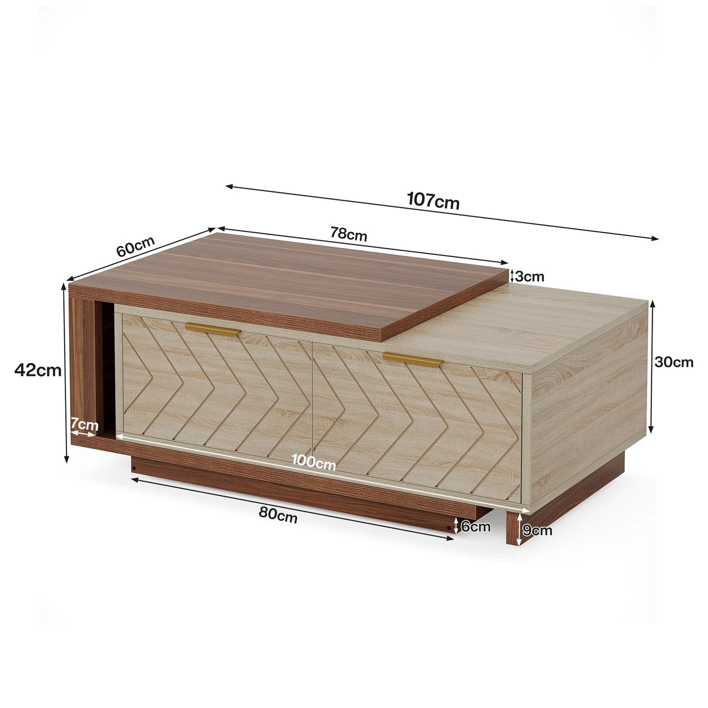 Extendable Coffee Table, Adjustable 42"-65" Length, with 2 Storage Drawers