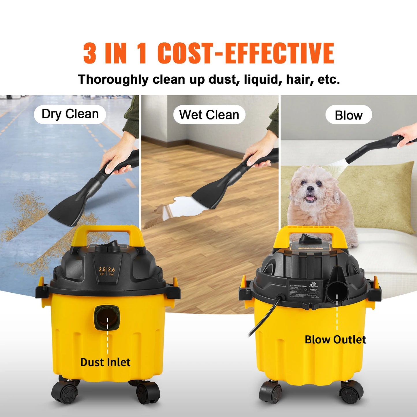 3 in 1 Portable Wet Dry  Shop Vac, 2.6 Gallon 2.5 Peak HP