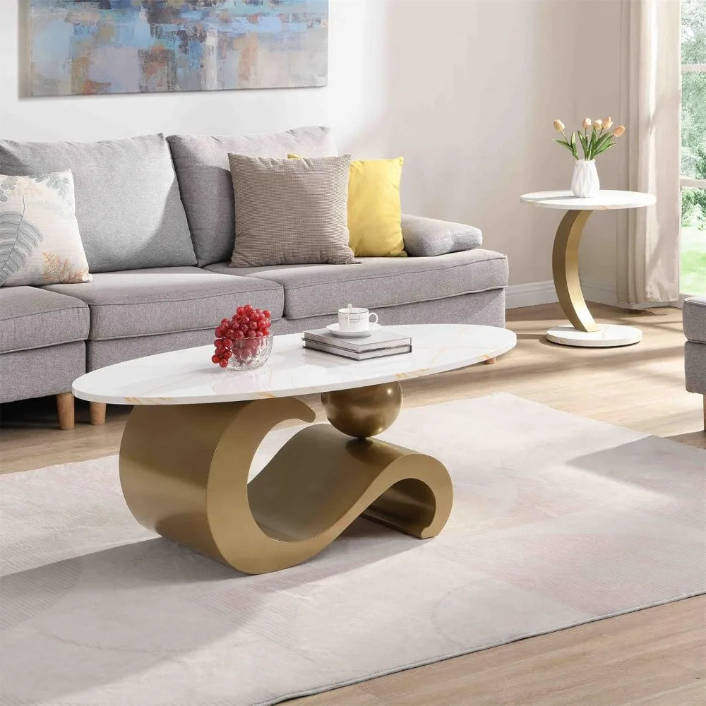 2 Piece Living Room Set, Faux Marble Tabletop, Oval Coffee and End Table Set