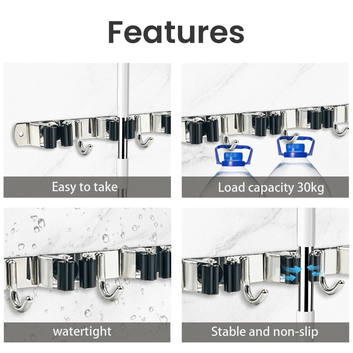 4-Hook Adhesive Wall-Mounted Broom Mop Organizer, Stainless Steel