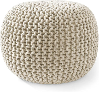 Round Pouf Ottoman, Natural Cotton Knit Foot Stool