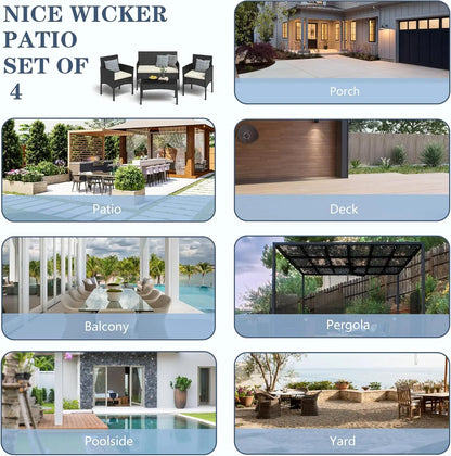 4 Piece Rattan Patio Conversation Set with Waterproof Cushions and Table