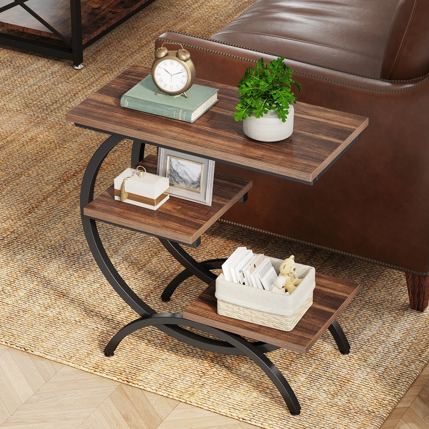 C-Shaped  3-Tier Wood End Table,