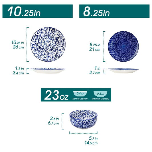 12/24/36 Piece Chinese Blue and White Porcelain Plate Set Tableware Set with 4PCS Dinner Plate/Dessert Plate/Ceral Bowl