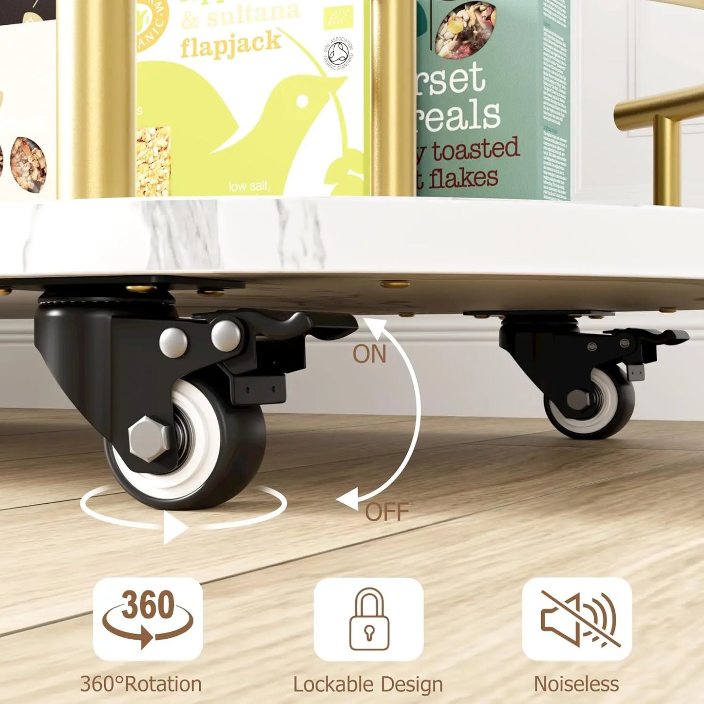 Gold Bar/Coffee Cart On Wheels with 4-Tier Storage Shelves, Wine Rack, and Glass Storage