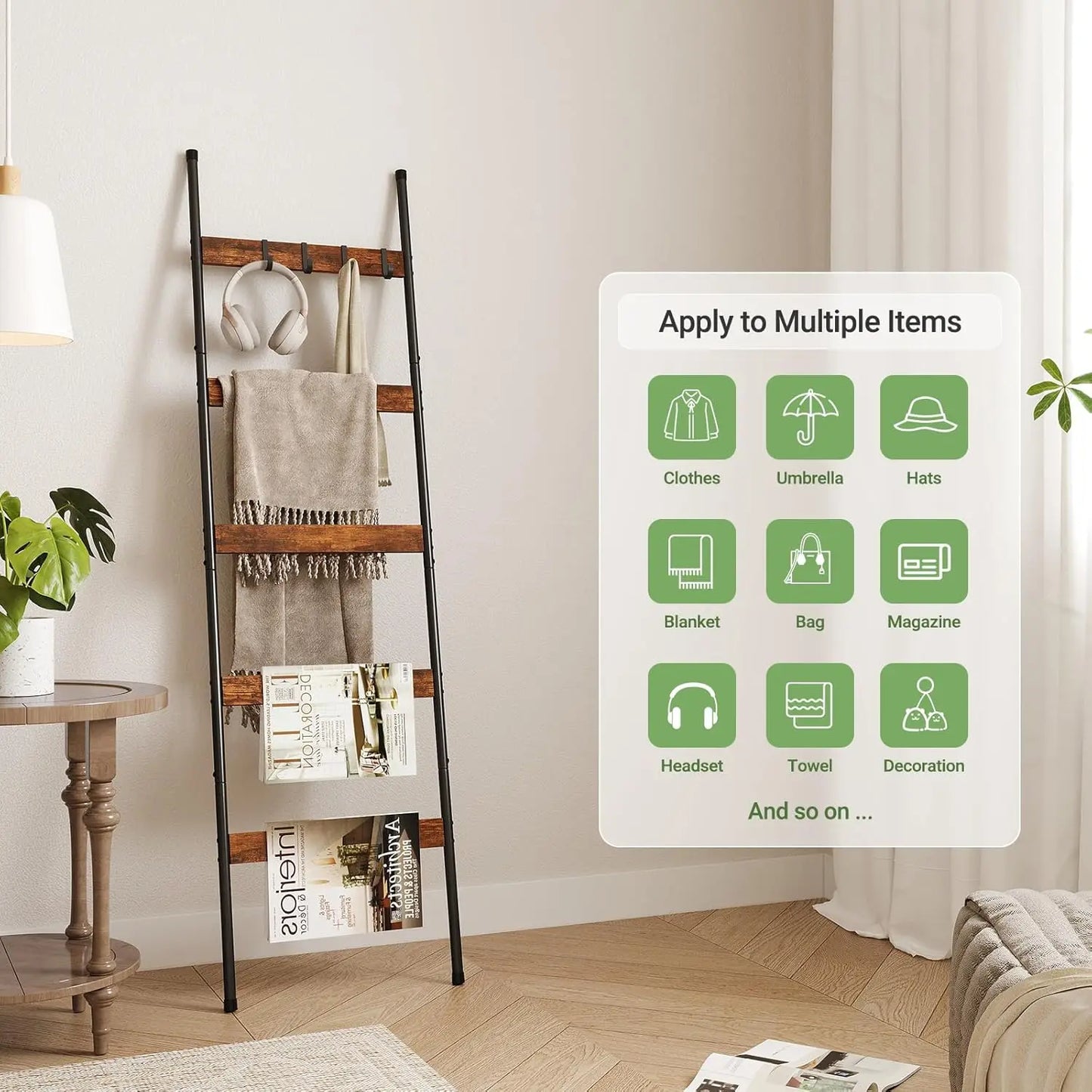 5-Tier Wooden Blanket Ladder with 4 Removable Hooks