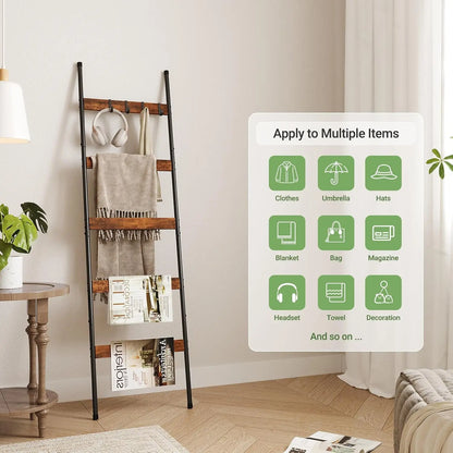 5-Tier Wooden Blanket Ladder with 4 Removable Hooks