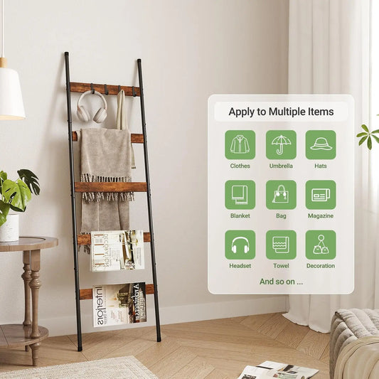 5-Tier Wooden Blanket Ladder with 4 Removable Hooks
