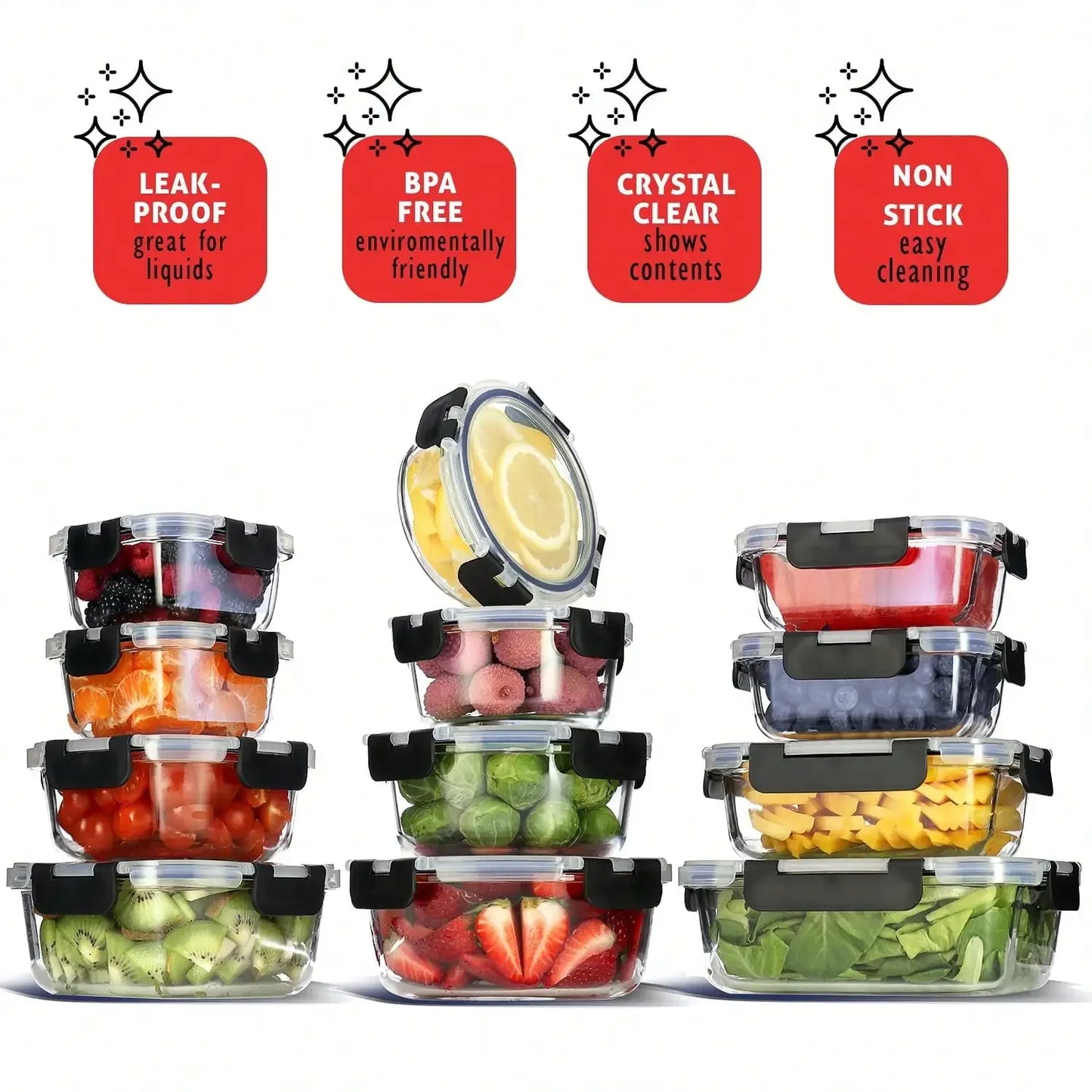 12-piece set of glass food storage containers with lids, airtight leak-proof glass lunch boxes, various sizes and shapes