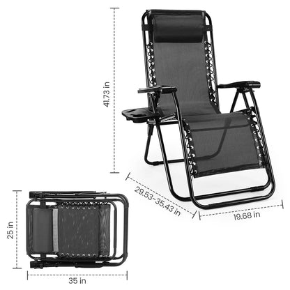 Set of 2 Zero Gravity Portable Recliner with Cup Holder Trays & Adjustable Pillow
