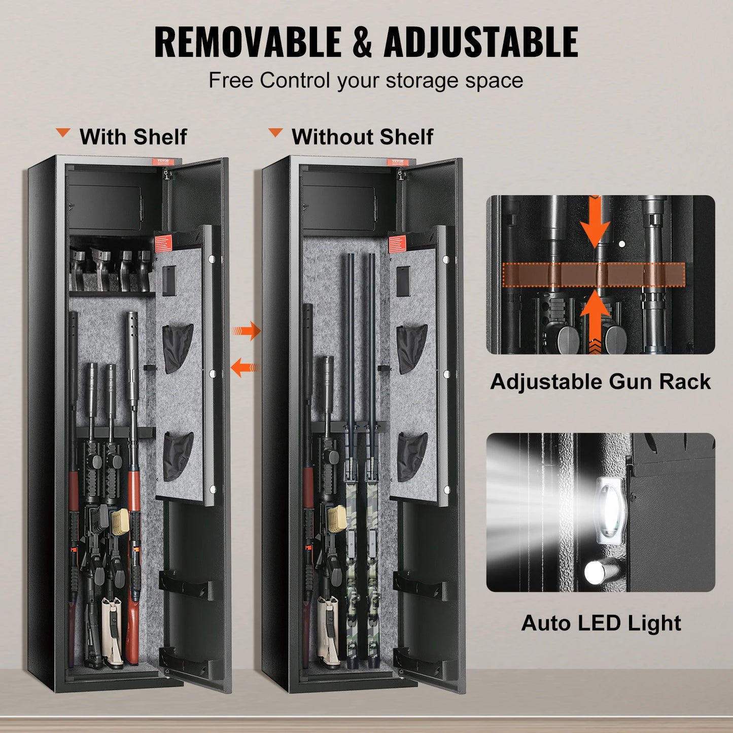 Gun Safe for 3 - 8 Firearms w/ Digital Keypad & Key Lock; Removable Storage Shelf for Long Guns and Pistols
