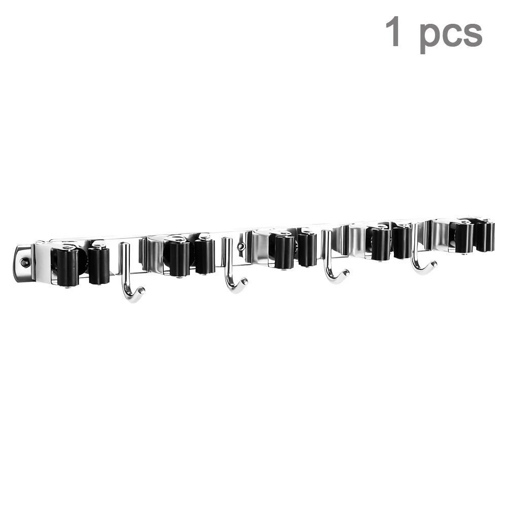 4-Hook Adhesive Wall-Mounted Broom Mop Organizer, Stainless Steel
