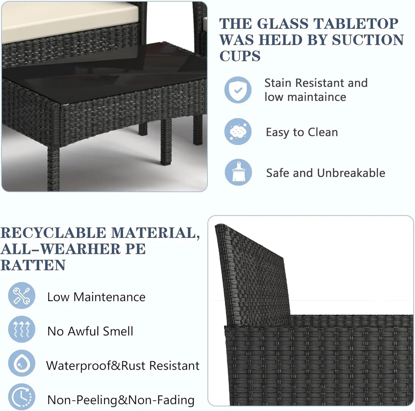 4 Piece Rattan Patio Conversation Set with Waterproof Cushions and Table