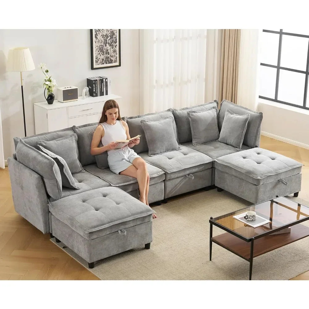 Modern Modular Sectional Cloud Sofa with 2 Ottoman with Customized Storage - Color Options