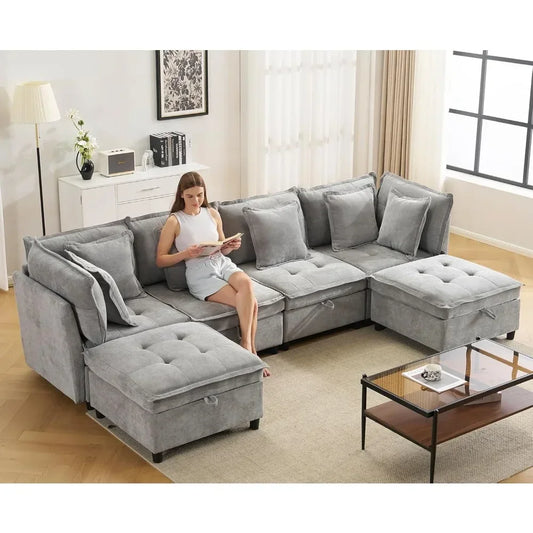 Modern Modular Sectional Cloud Sofa with 2 Ottoman with Customized Storage - Color Options