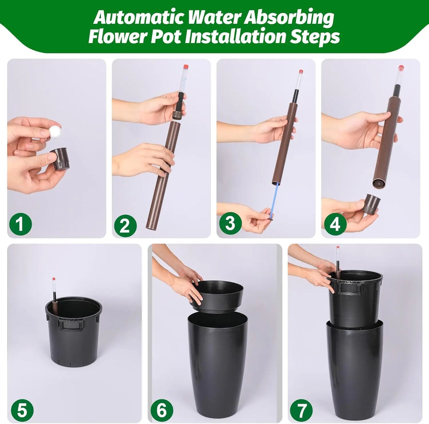 16" or 22" Tall Self Watering Plant Pot Set with Built-In Drainage