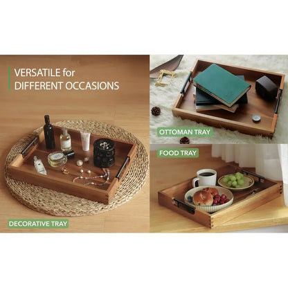 Acacia Wooden Serving Tray with Metal Handles
