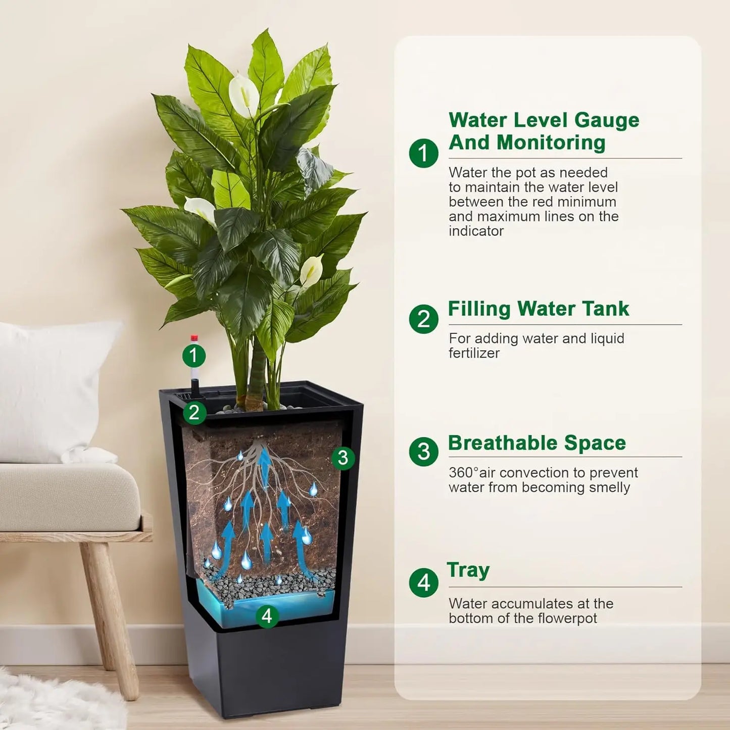 2 PCS 22.4 Inch Tall Planter Indoor ＆ Outdoor Taper Planter - Black or White