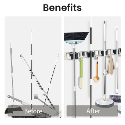 4-Hook Adhesive Wall-Mounted Broom Mop Organizer, Stainless Steel
