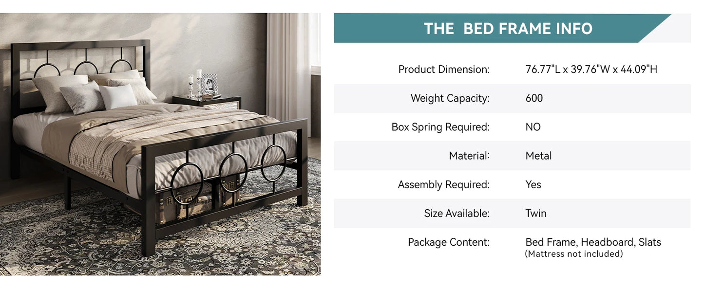 Twin/Full/Queen/King Metal Bed Frame with Vintage Circular Design Headboard and Footboard, Extra Under-Bed Storage