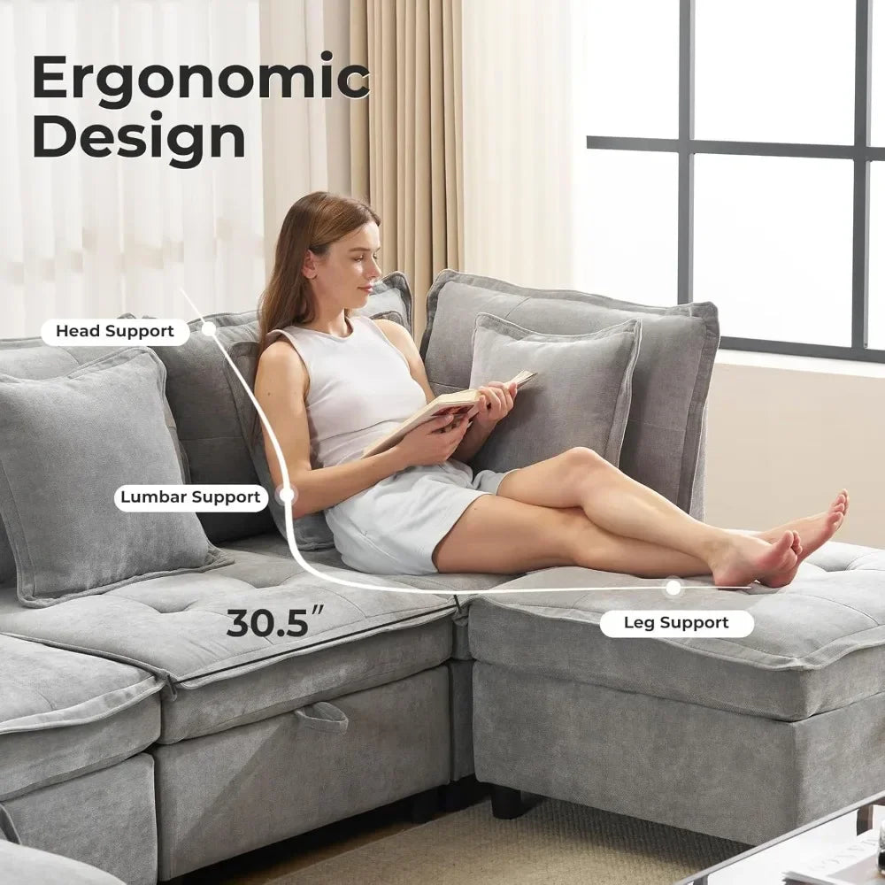 Modern Modular Sectional Cloud Sofa with 2 Ottoman with Customized Storage - Color Options