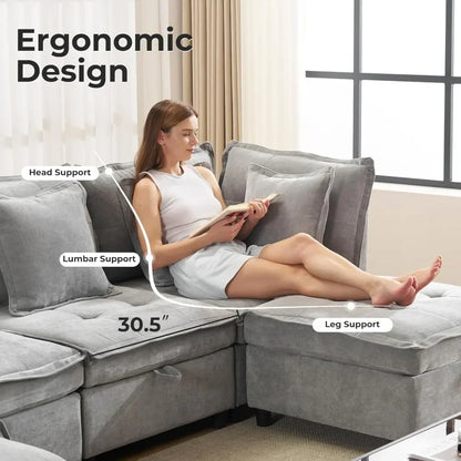 Modern Modular Sectional Cloud Sofa with 2 Ottoman with Customized Storage - Color Options