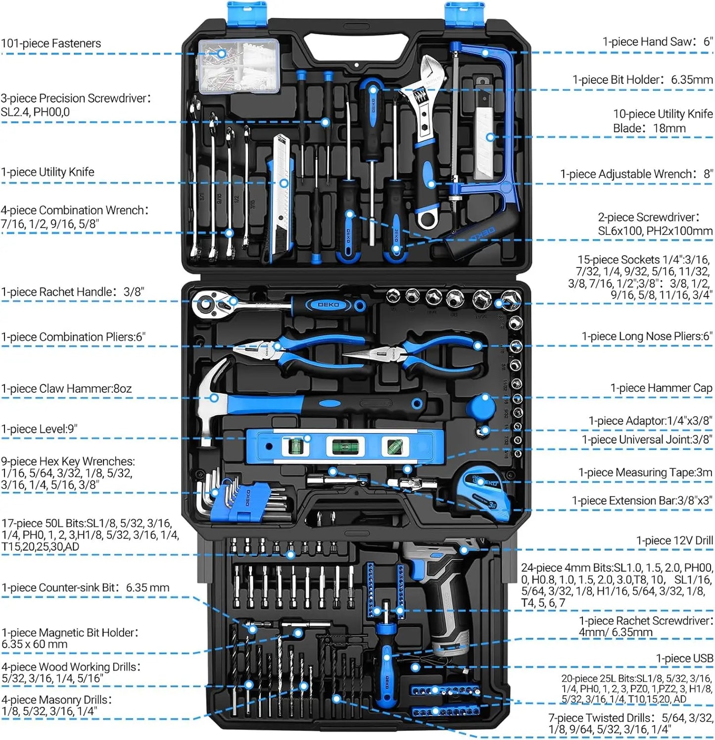 Home Mechanic Toolbox with Hand Tools Combo and 12V Power Cordless Drill Hand