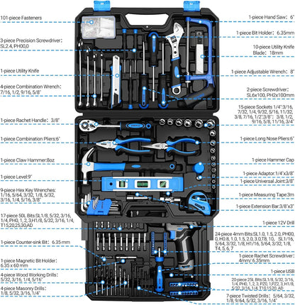 Home Mechanic Toolbox with Hand Tools Combo and 12V Power Cordless Drill Hand