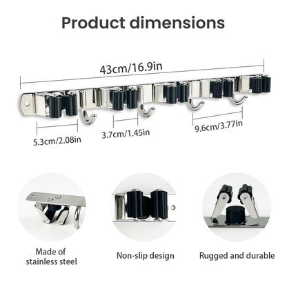 4-Hook Adhesive Wall-Mounted Broom Mop Organizer, Stainless Steel