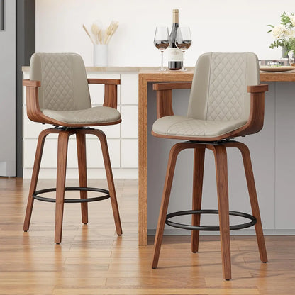 Set of 2, 26 Inch Counter Height Swivel Upholstered PU Leather Bar Stools with Arms