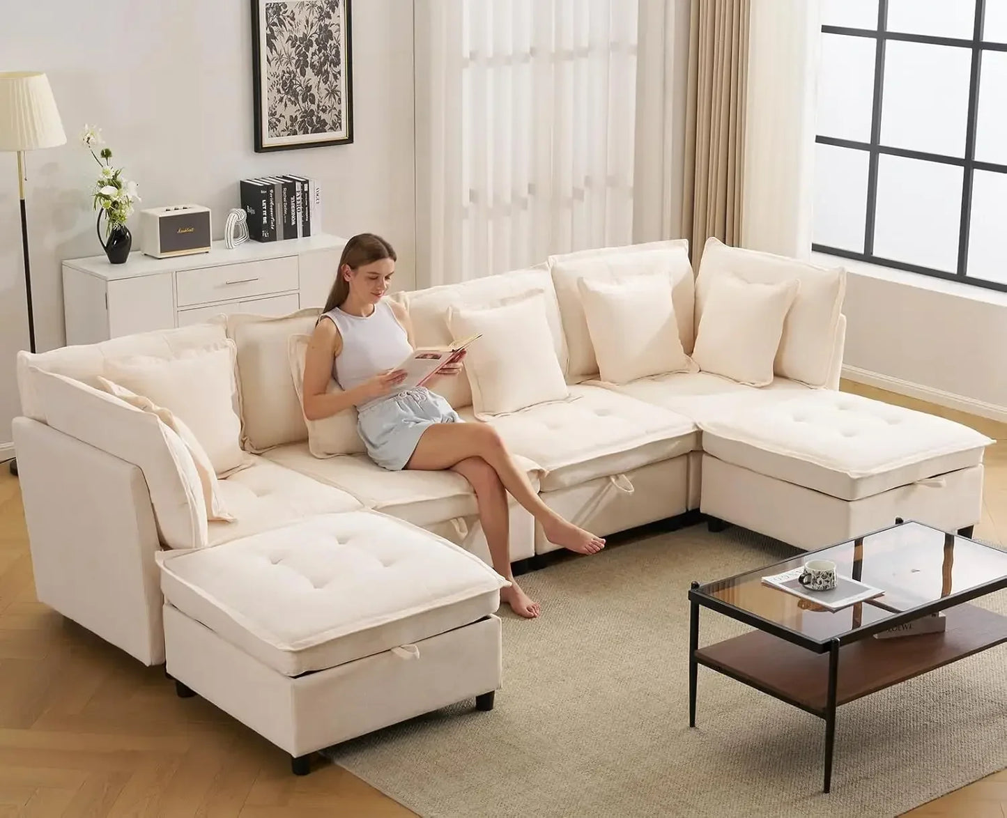 Modern Modular Sectional Cloud Sofa with 2 Ottoman with Customized Storage - Color Options