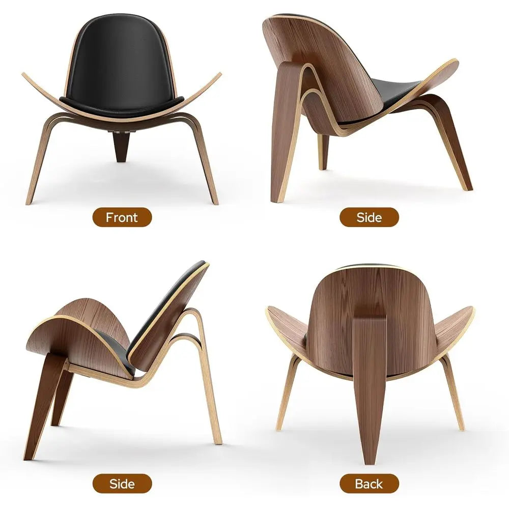Modern Tripod Plywood Lounge Chair, Faux Leather, Elegant Walnut Accent for Living Spaces and Offices