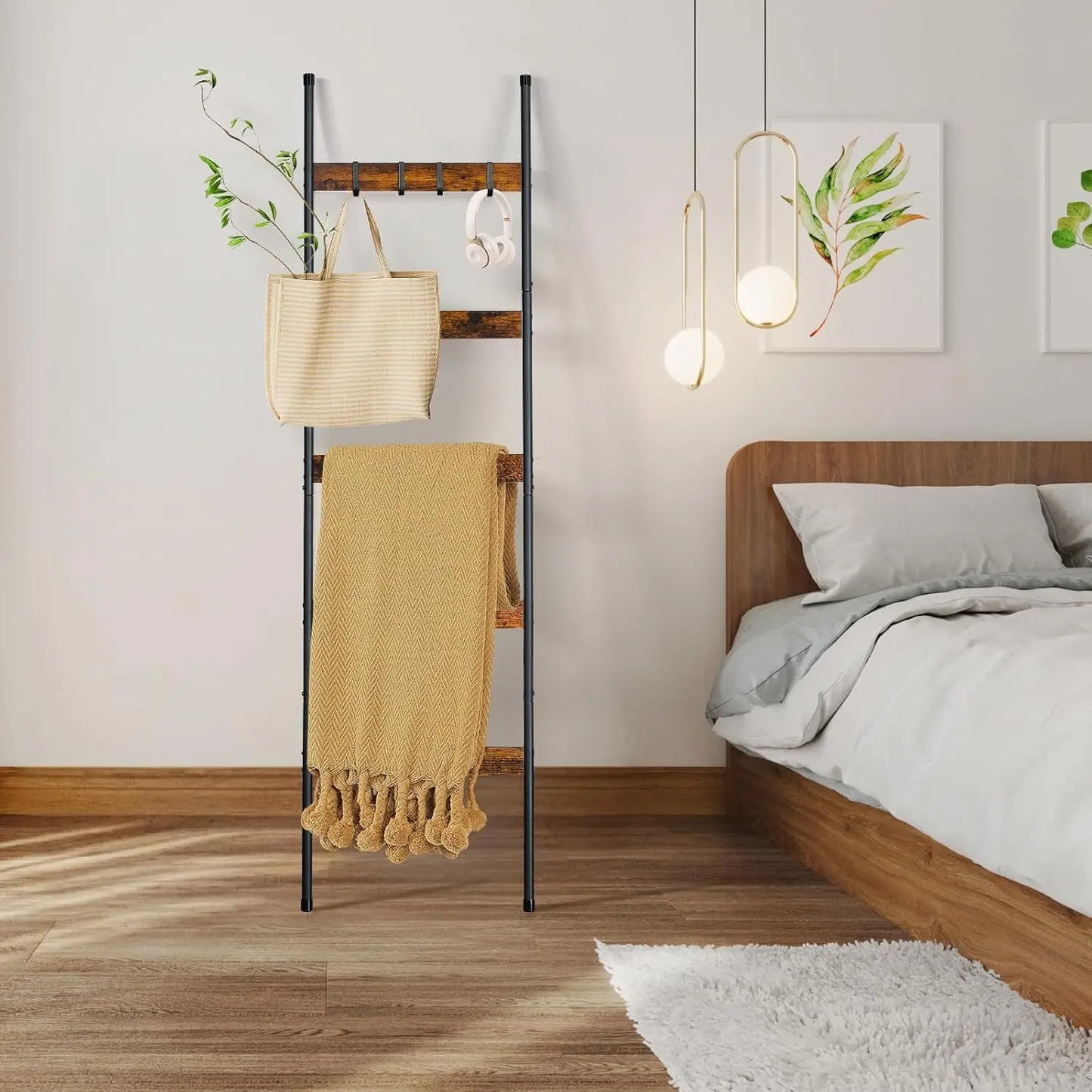 5-Tier Wooden Blanket Ladder with 4 Removable Hooks
