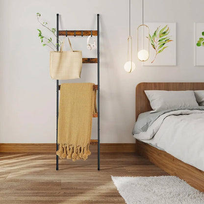5-Tier Wooden Blanket Ladder with 4 Removable Hooks