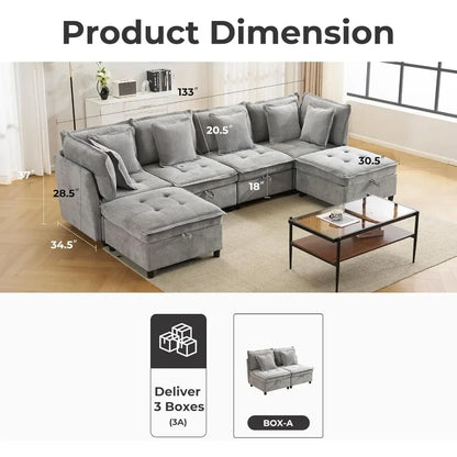 Modern Modular Sectional Cloud Sofa with 2 Ottoman with Customized Storage - Color Options