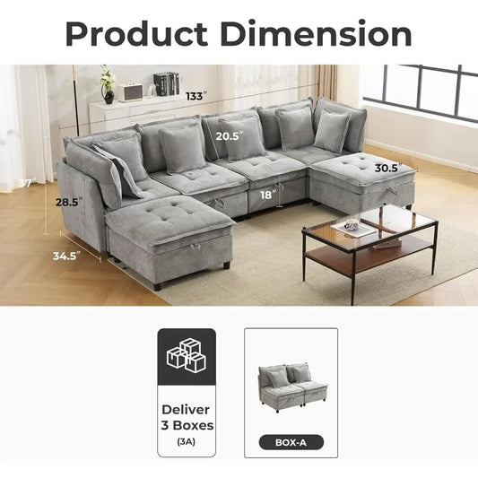Modern Modular Sectional Cloud Sofa with 2 Ottoman with Customized Storage - Color Options