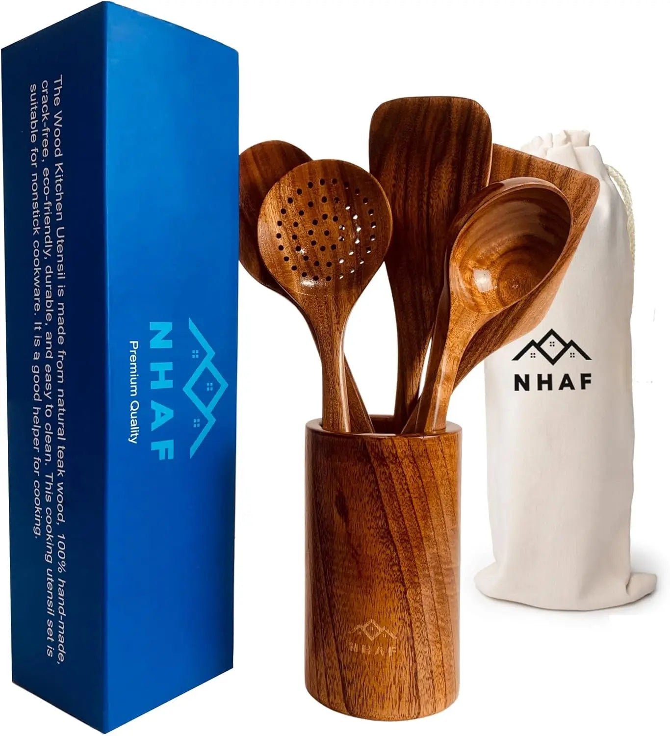 Teak Wooden Utensil Set with Holder & Bag