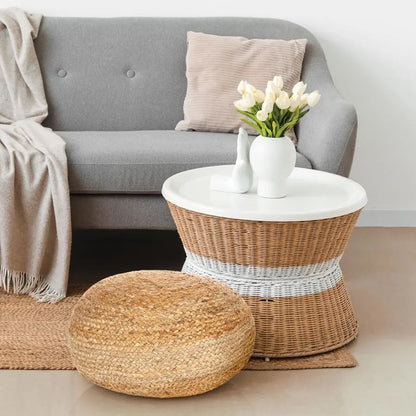 Round Pouf Ottoman, Natural Jute Woven Foot Stool or Seating