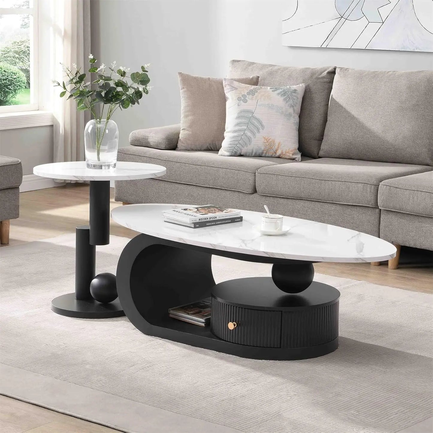 2 Piece Living Room Set, Faux Marble Tabletop, Oval Coffee and End Table Set