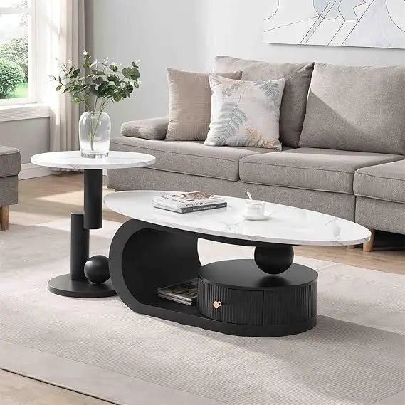 2 Piece Living Room Set, Faux Marble Tabletop, Oval Coffee and End Table Set