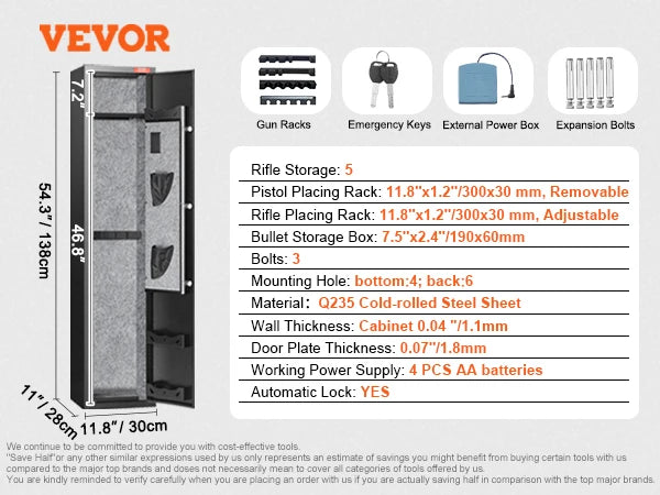Gun Safe for 3 - 8 Firearms w/ Digital Keypad & Key Lock; Removable Storage Shelf for Long Guns and Pistols